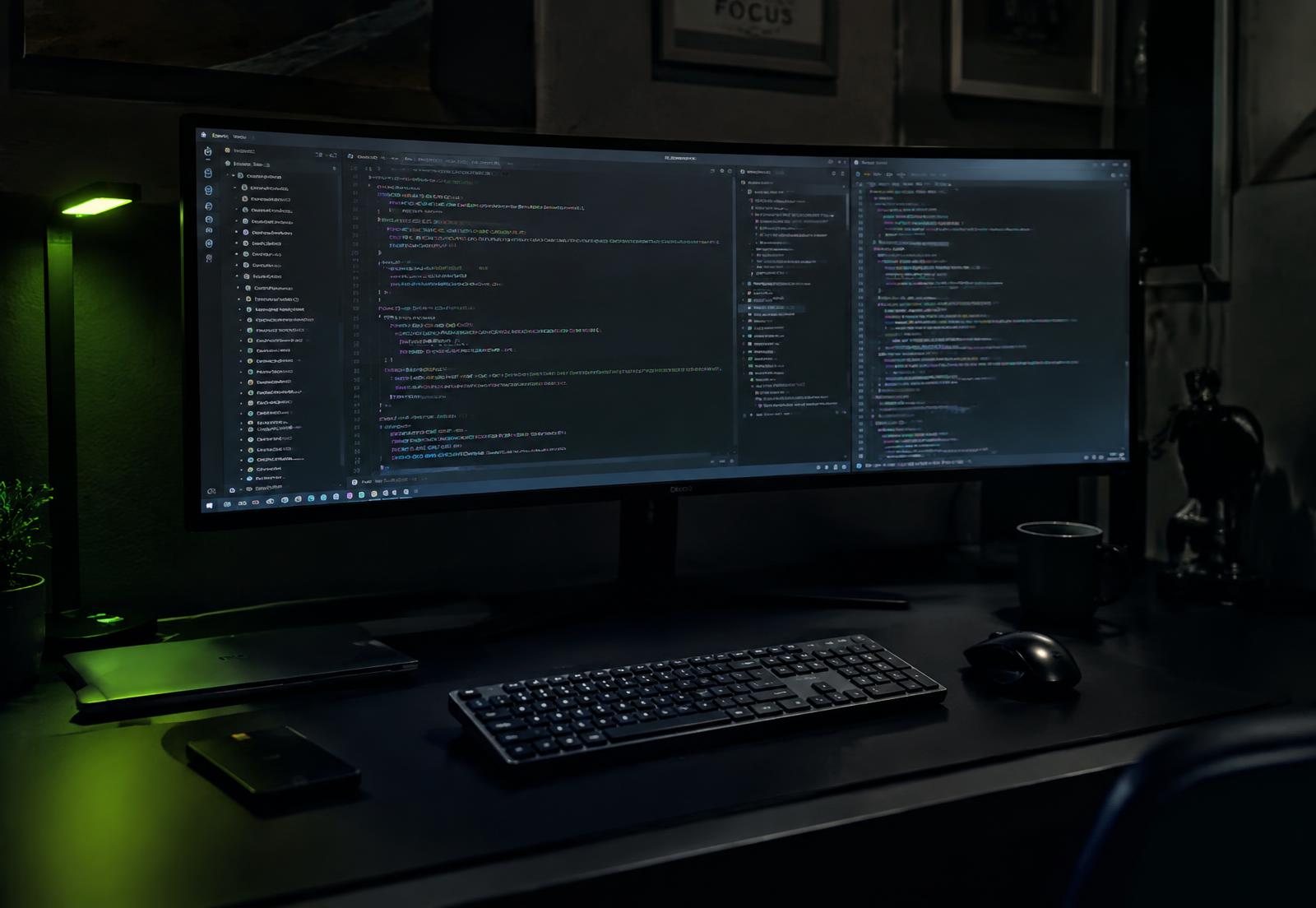Dark developer workstation with an ultrawide monitor showing source code, lit by a green desk lamp